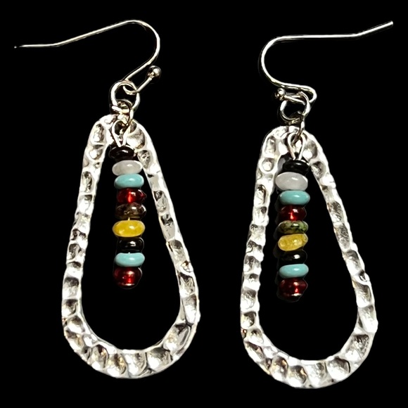 NEW Boho Silvertone Hammered Earrings Small Colorful Beads Teardrop Earrings NEW - Picture 2 of 2